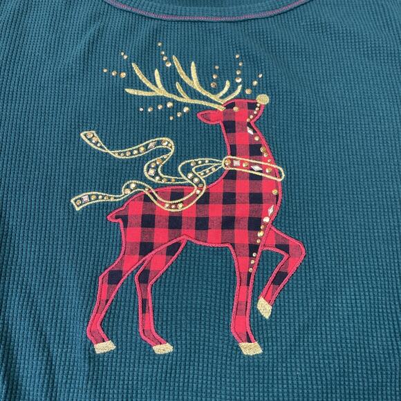 Quacker Factory Womens Thermal Waffleknit Top Size 1X Green Christmas Reindeer - Picture 4 of 11